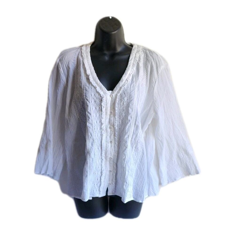 Lemon Grass Ruffled Blouse XL textured flared 3/4 Bell sleeves Boho Pheasant Top